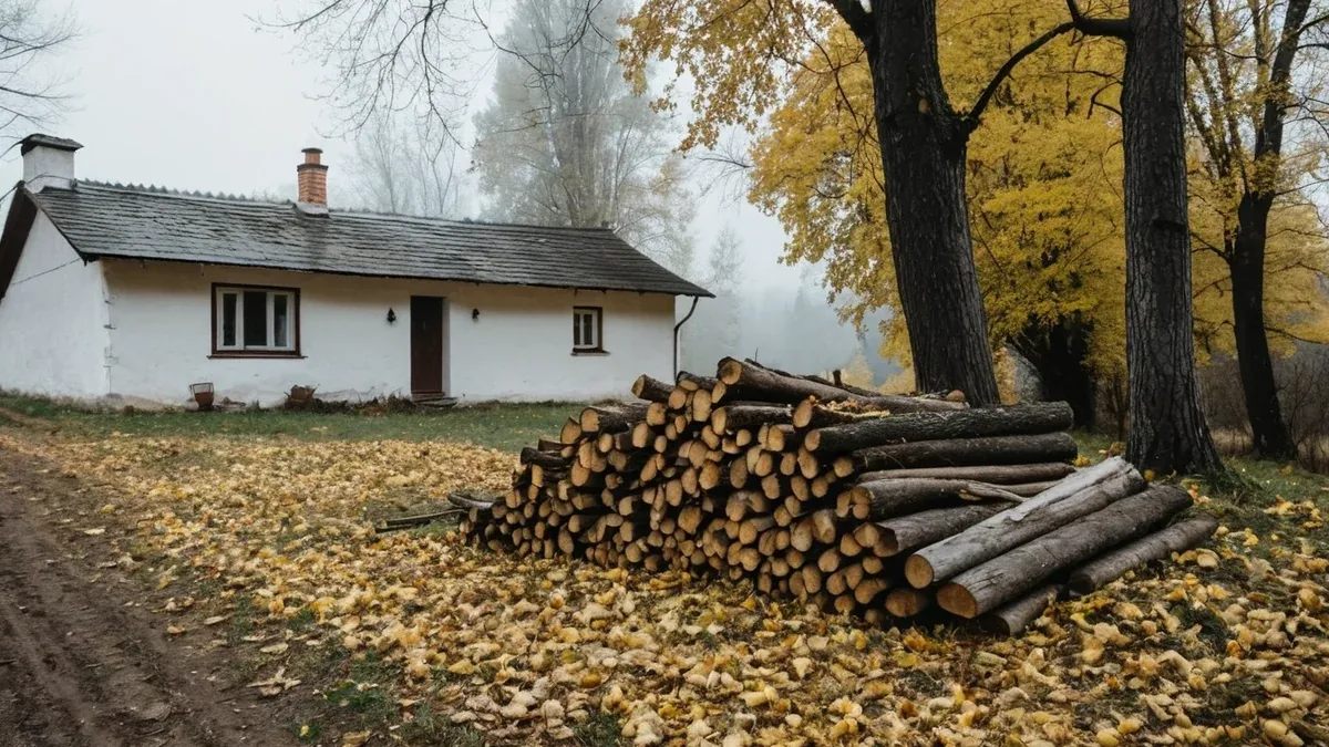 Ілюстрація (згенеровано ШІ): складені дрова біля сільської хати восени